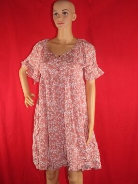 Women's Pink Floral Midi Dress - Short Sleeve Button Front
